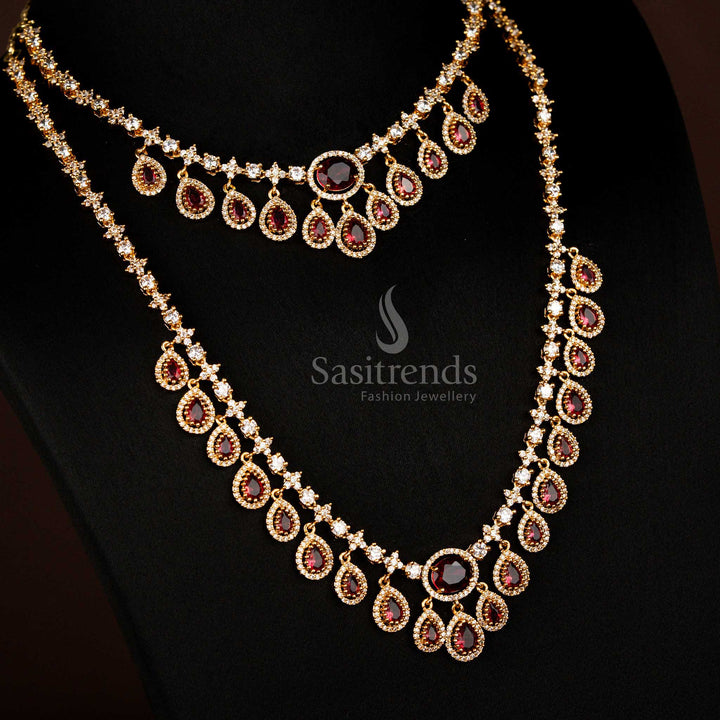 Sparkling American diamond matte gold plated water drop necklace combo for wedding and party Sasitrends