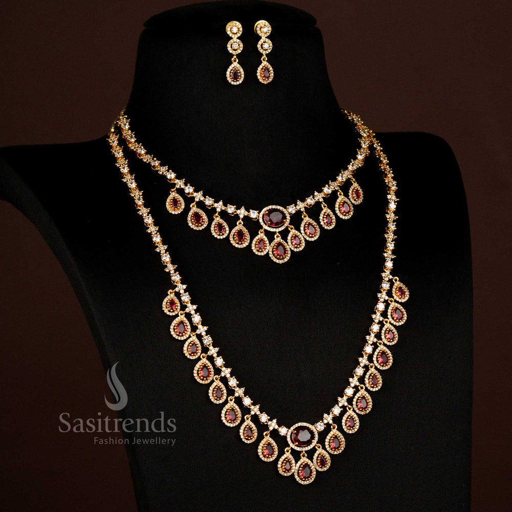 Sparkling American diamond matte gold plated water drop necklace combo for wedding and party Sasitrends