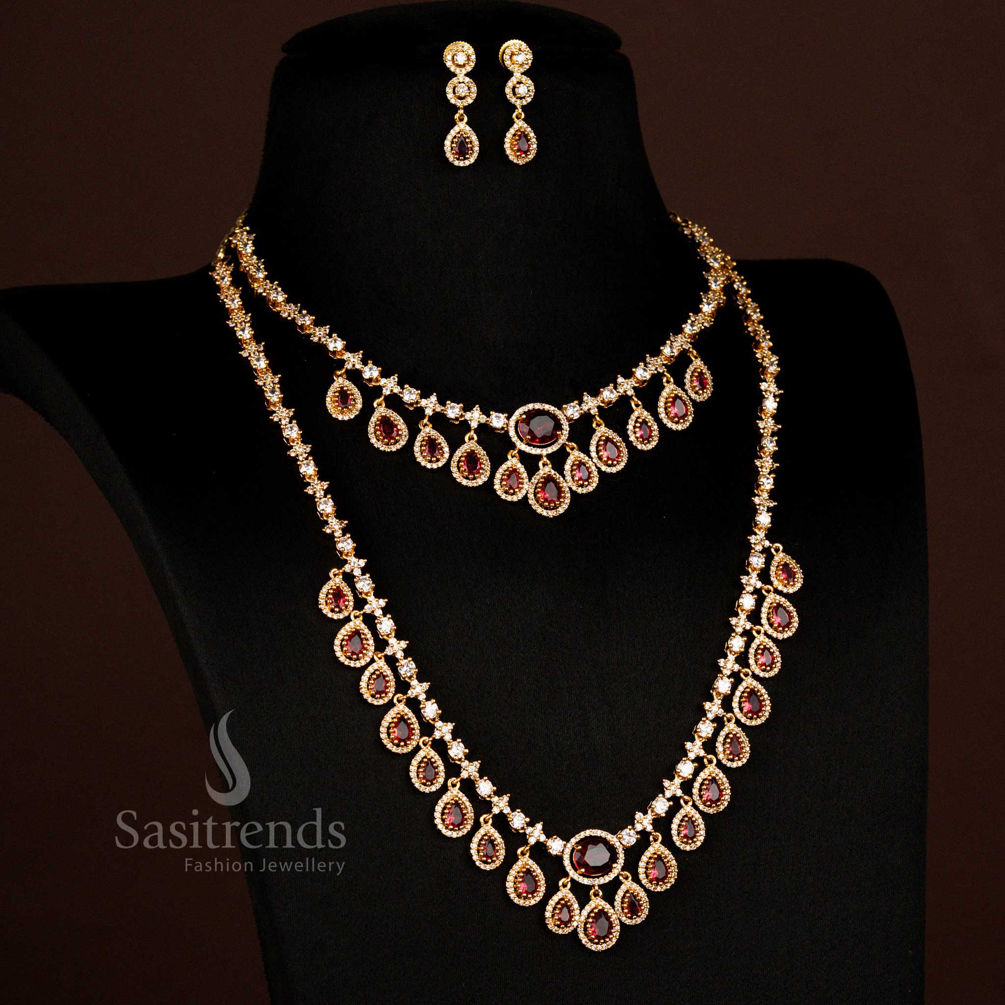 Sparkling American diamond matte gold plated water drop necklace combo for wedding and party Sasitrends