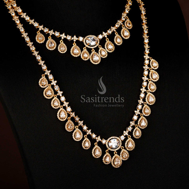 Sparkling American diamond matte gold plated water drop necklace combo for wedding and party Sasitrends