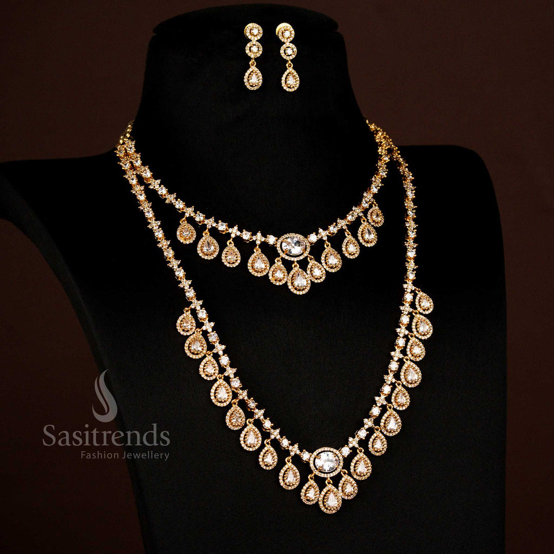 Sparkling American diamond matte gold plated water drop necklace combo for wedding and party Sasitrends