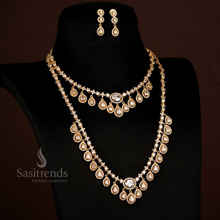 Sparkling American diamond matte gold plated water drop necklace combo for wedding and party Sasitrends