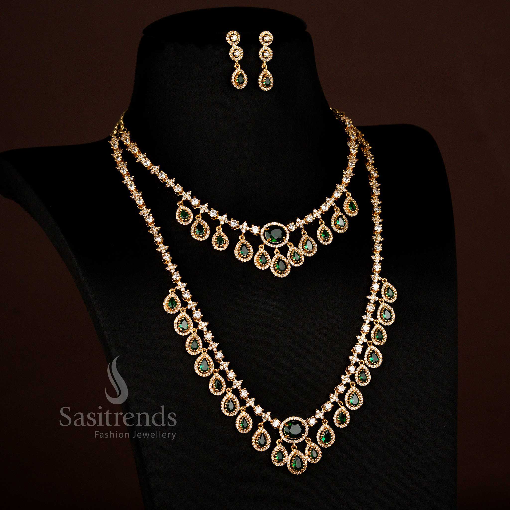 Sasitrends radiant American diamond water drop layered necklace set with earrings for reception wear