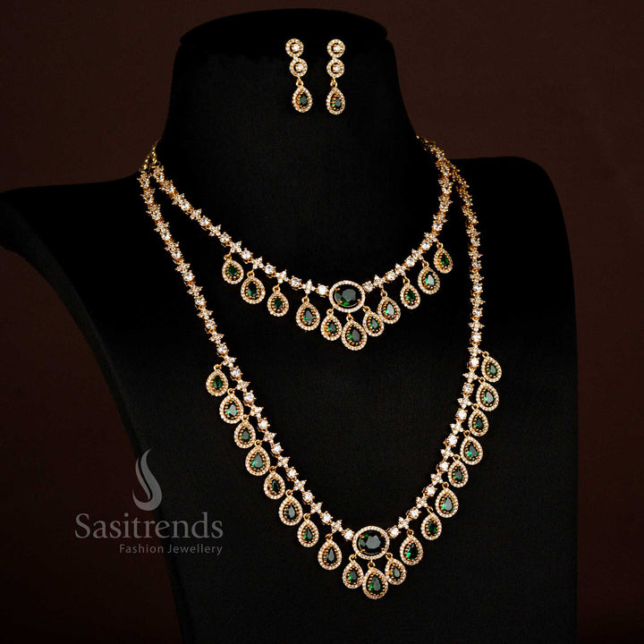 Sasitrends radiant American diamond water drop layered necklace set with earrings for reception wear