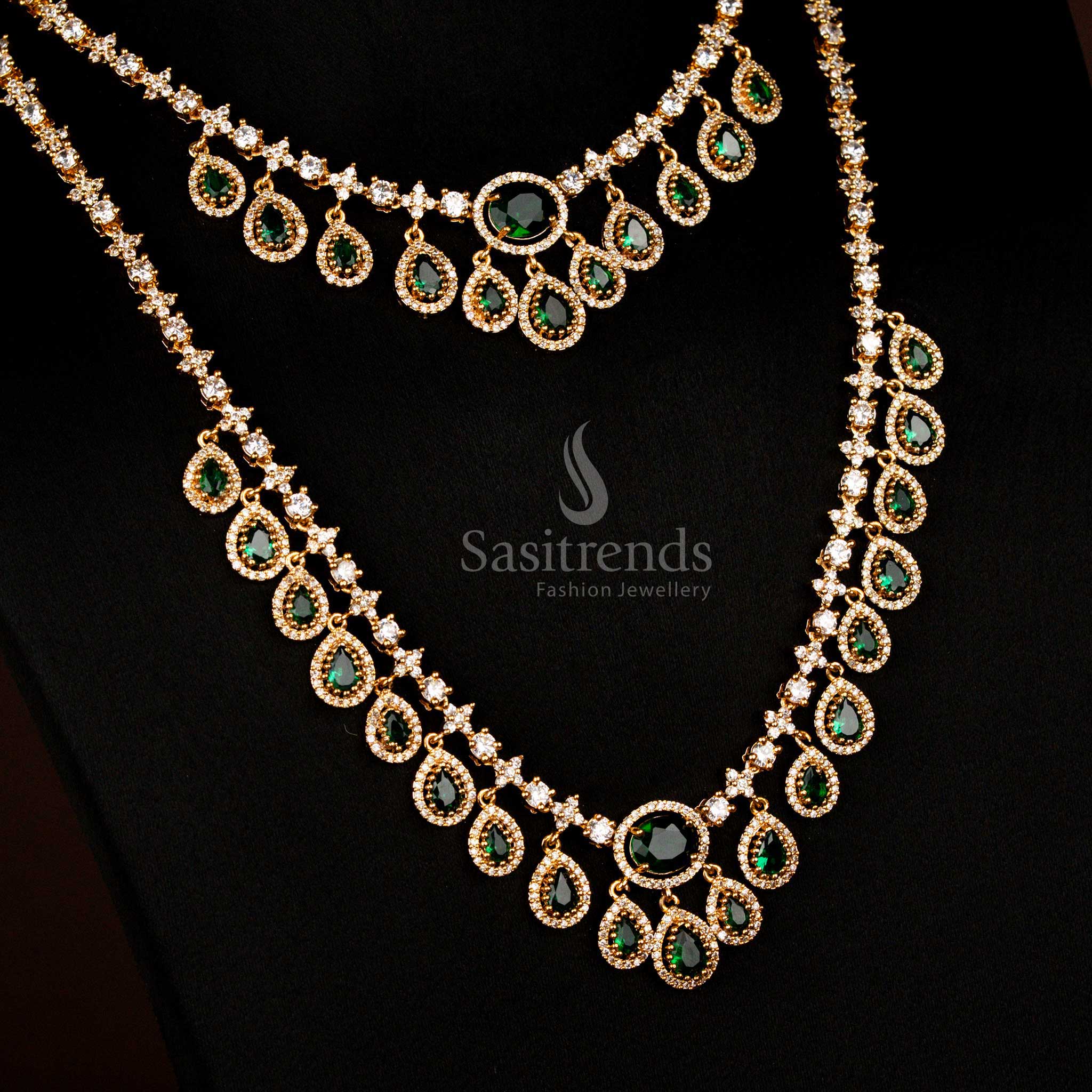 Sasitrends radiant American diamond water drop layered necklace set with earrings for reception wear