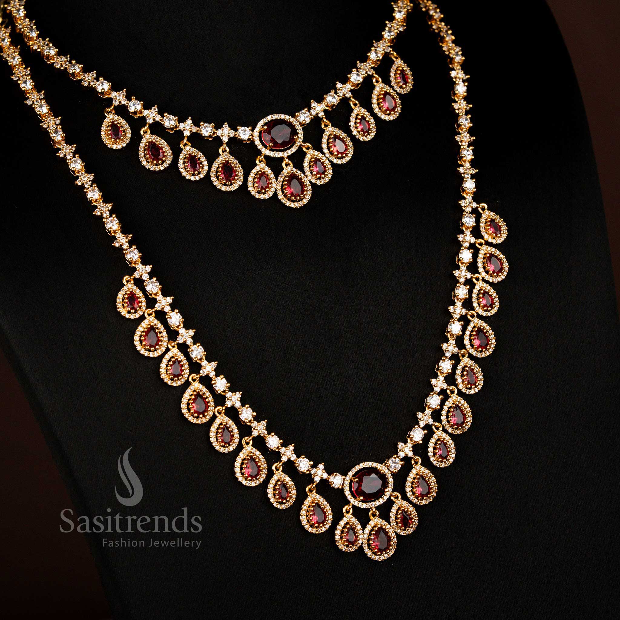 Sasitrends radiant American diamond water drop layered necklace set with earrings for reception wear