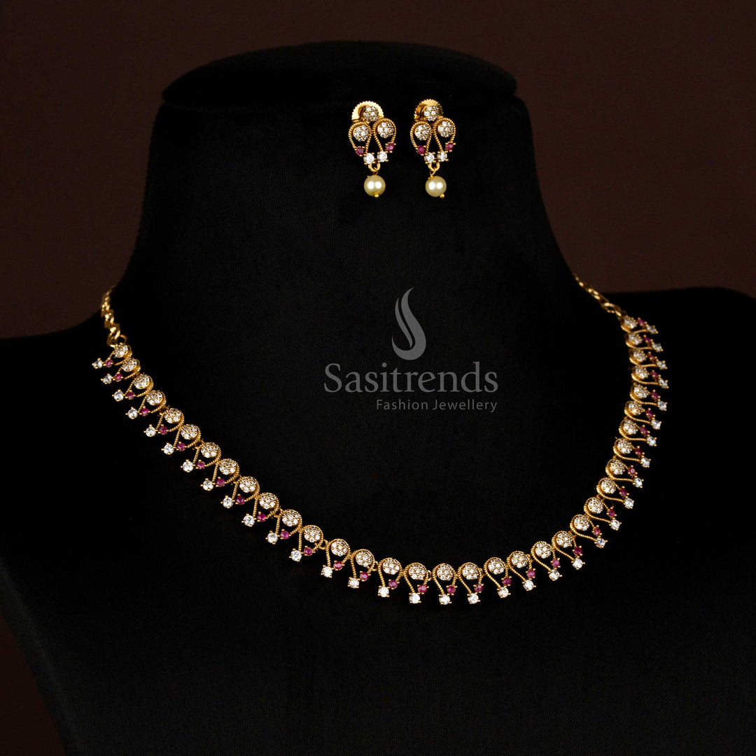 Stunning American Diamond Floral Victorian White Ruby Necklace Set with Earrings - Sasitrends