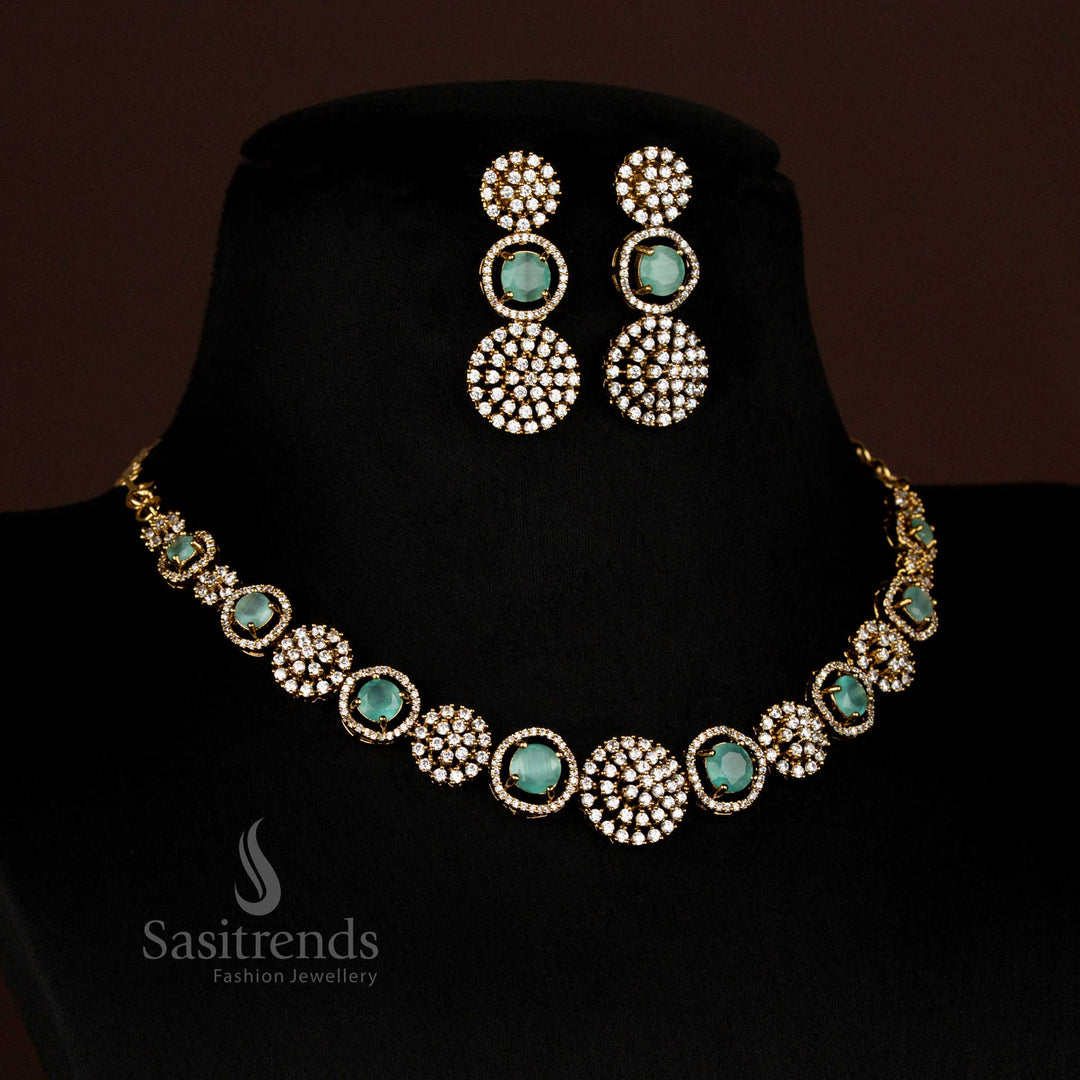 Sparkling American Diamond Circular Victorian white mint Necklace Set with Earrings - Sasitrends