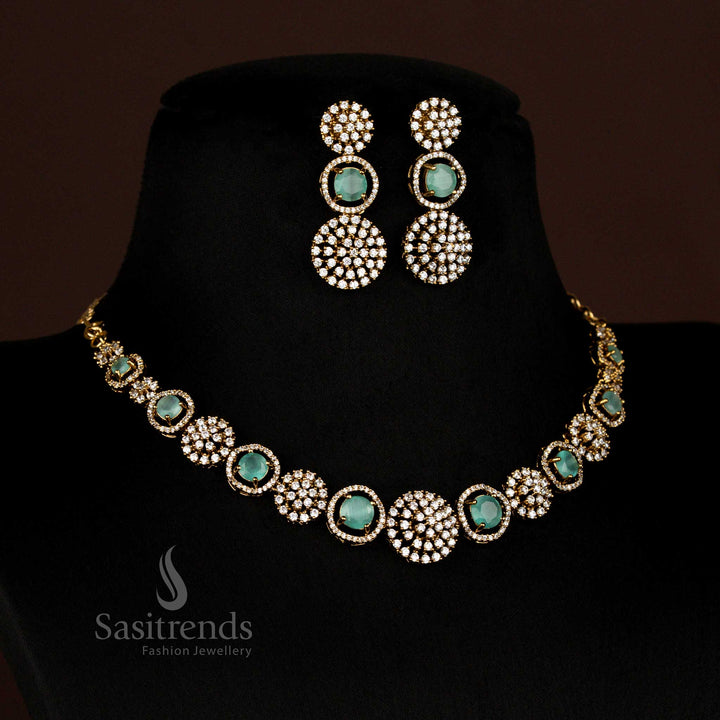 Sparkling American Diamond Circular Floral Victorian Necklace Jewellery Set