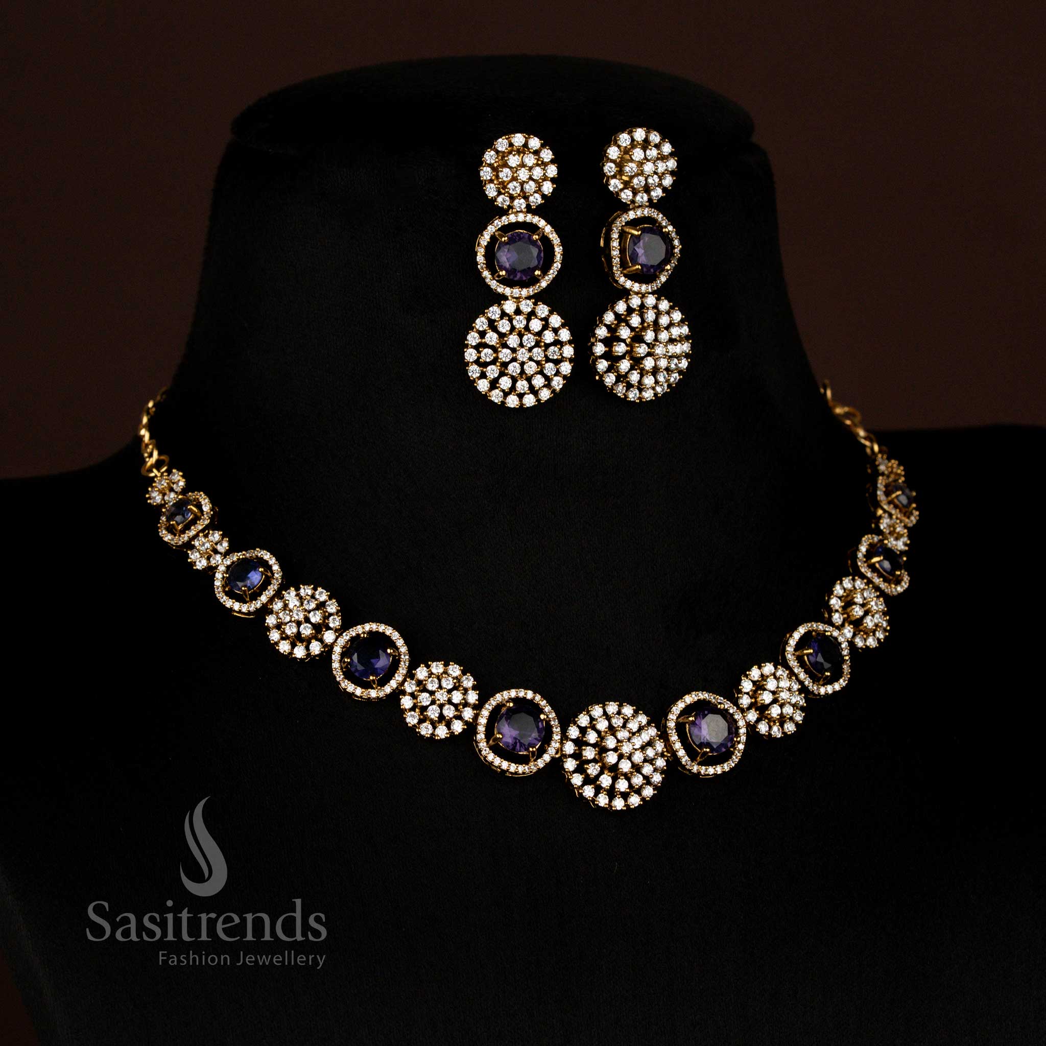 Attractive American Diamond Circular Victorian white purple Necklace Set with Earrings - Sasitrends