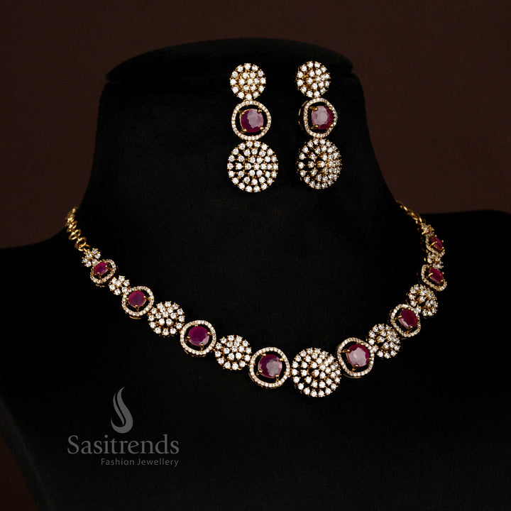 Party Wear American Diamond Circular Victorian white ruby Necklace Set with Earrings - Sasitrends