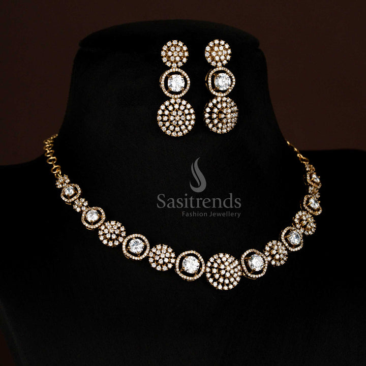 Elegant American Diamond Circular Victorian white Necklace Set with Earrings - Sasitrends