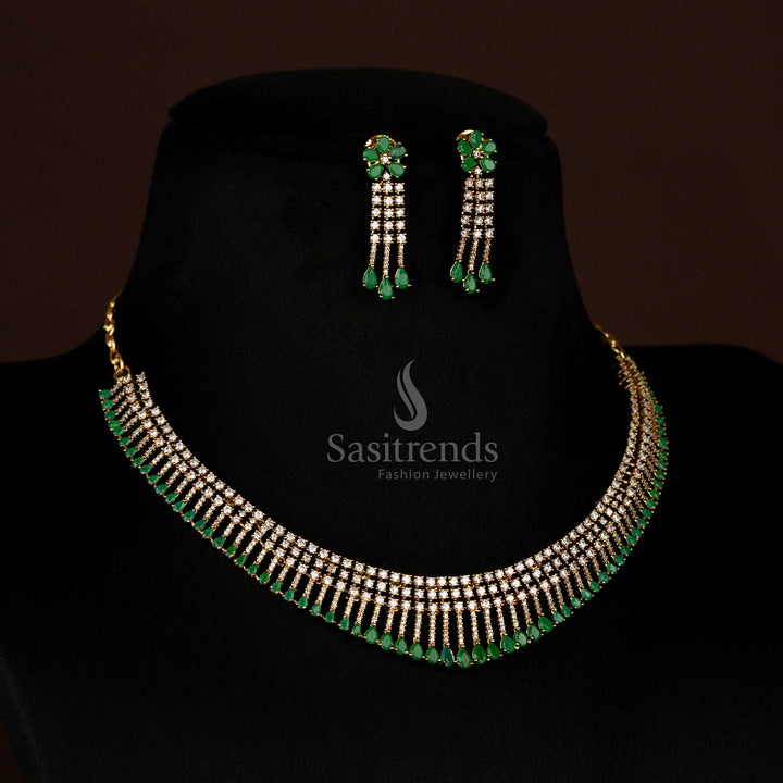 Attractive American Diamond Layered Victorian White Green Necklace with Drop Design and Earrings - Sasitrends