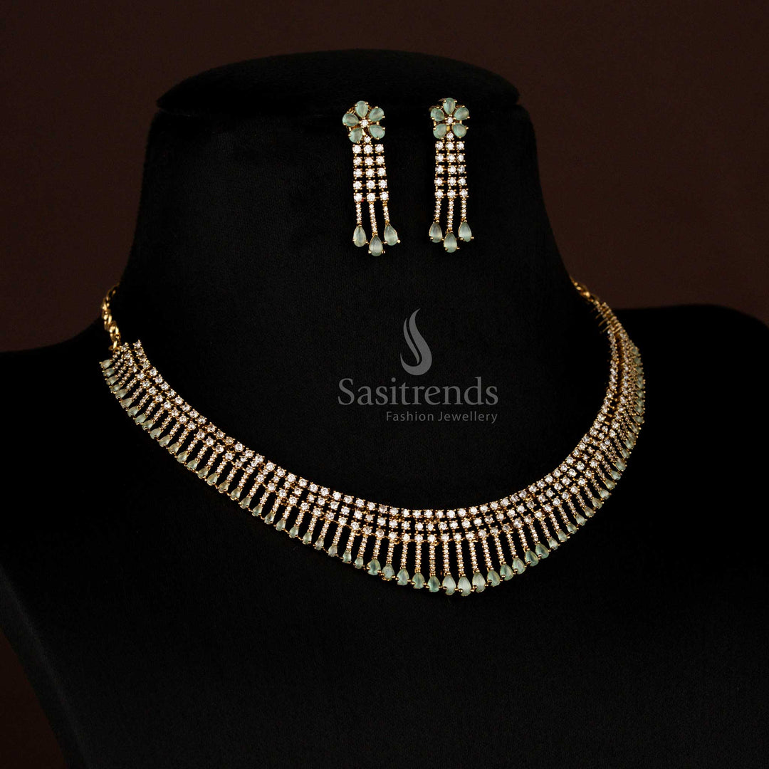 Party Wear American Diamond Layered Floral Teardrop Stone Victorian Necklace Jewellery Set - Sasitrends