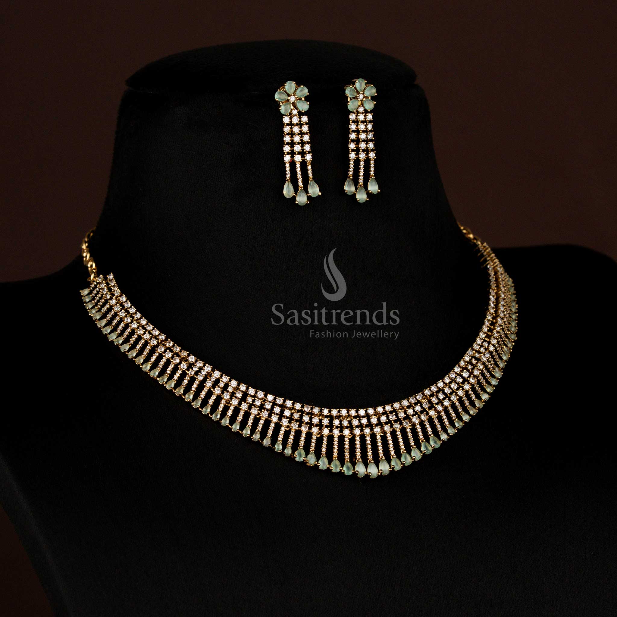 Party Wear American Diamond Layered Floral Teardrop Stone Victorian Necklace Jewellery Set - Sasitrends