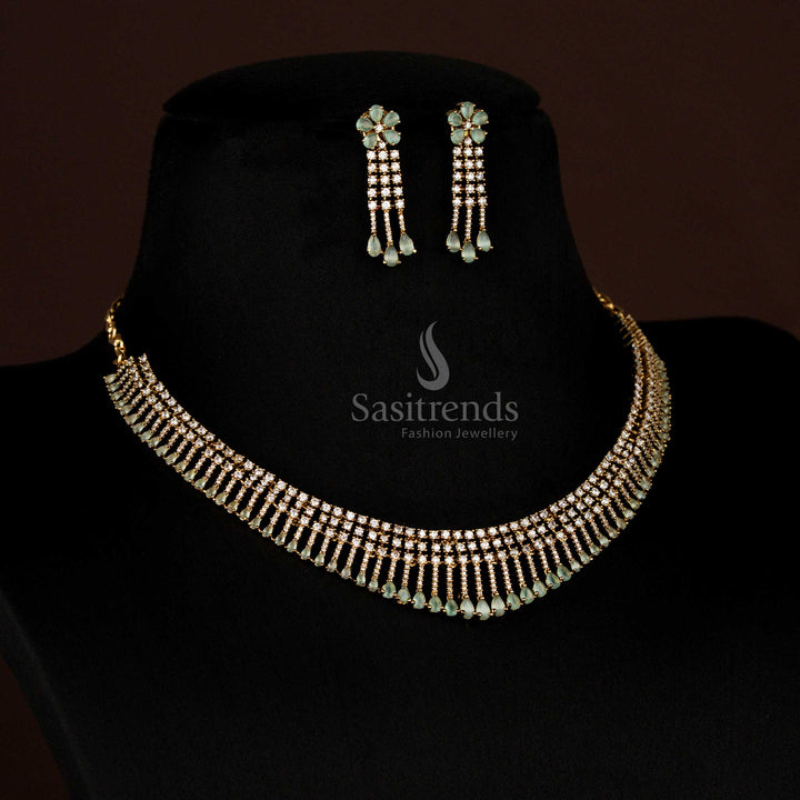 Party Wear American Diamond Layered Floral Teardrop Stone Victorian Necklace Jewellery Set