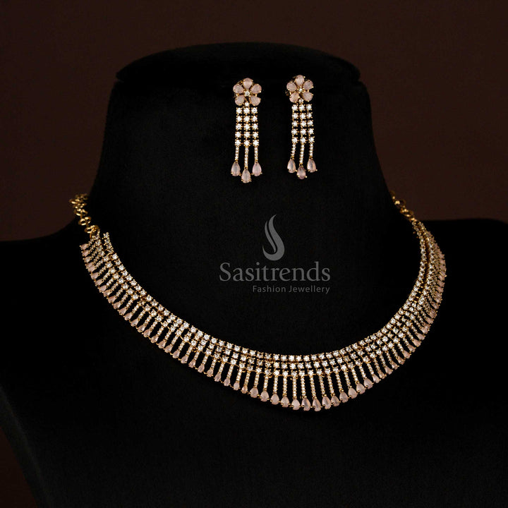 Party wear American Diamond Layered Victorian White pink Necklace with Drop Design and Earrings - Sasitrends