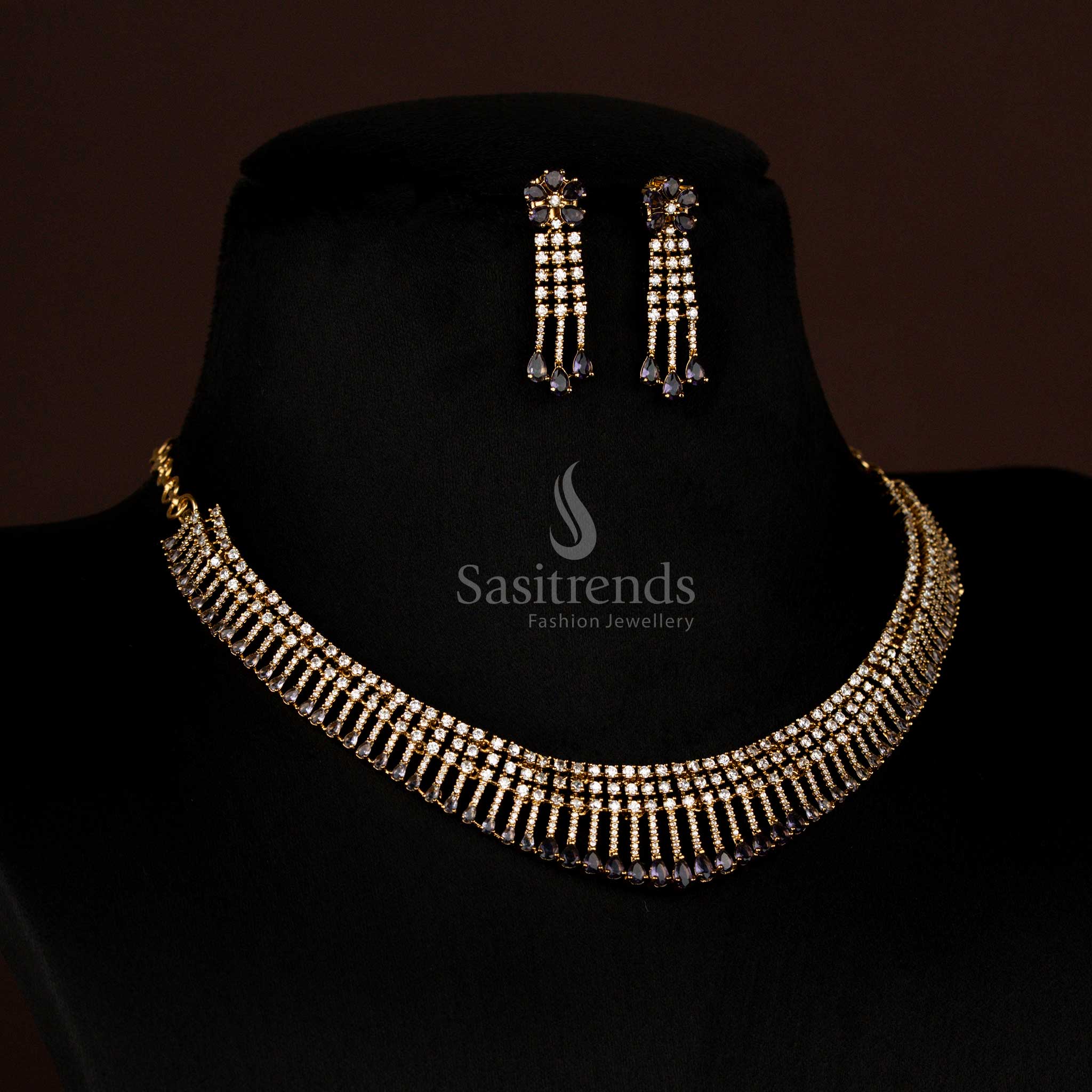Stunning American Diamond Layered Victorian White Purple Necklace with Drop Design and Earrings - Sasitrends