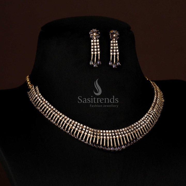 Stunning American Diamond Layered Victorian White Purple Necklace with Drop Design and Earrings - Sasitrends