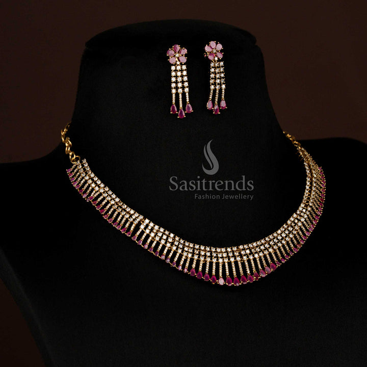 Attractive American Diamond Layered Victorian White Ruby Necklace with Drop Design and Earrings - Sasitrends