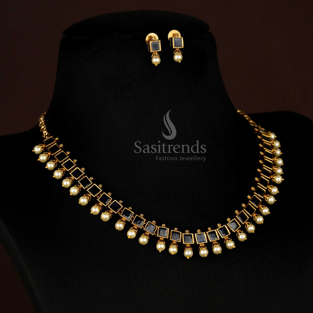 Traditional Party wear American Diamond Blue Square-Cut Necklace with Pearl Drops and Earrings - Sasitrends