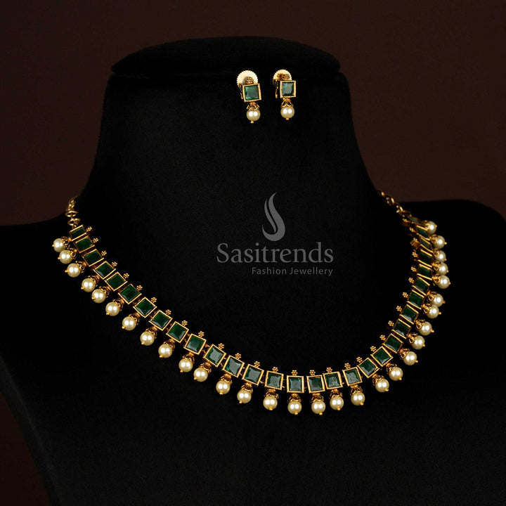 Traditional Party wear American Diamond Green Square-Cut Necklace with Pearl Drops and Earrings - Sasitrends