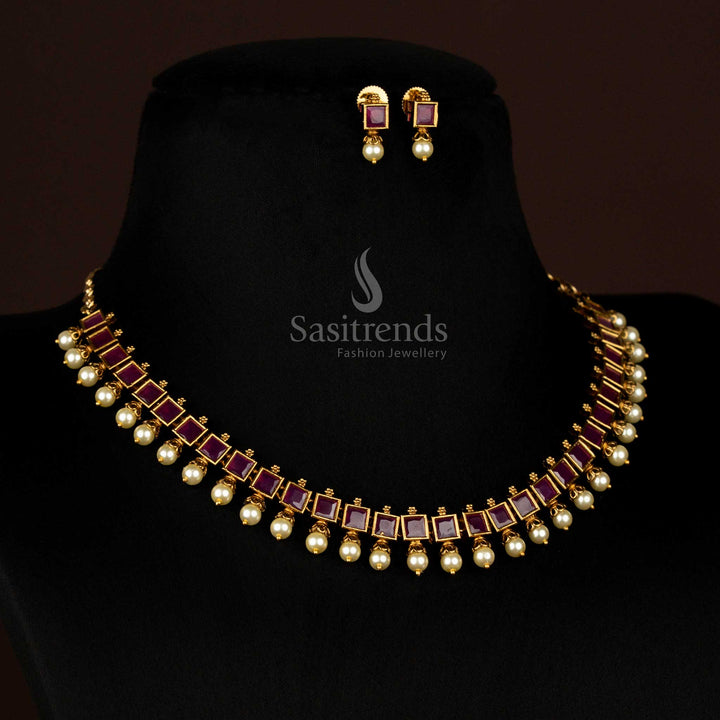 Amazing Traditional Party wear American Diamond Ruby Square-Cut Necklace with Pearl Drops and Earrings - Sasitrends