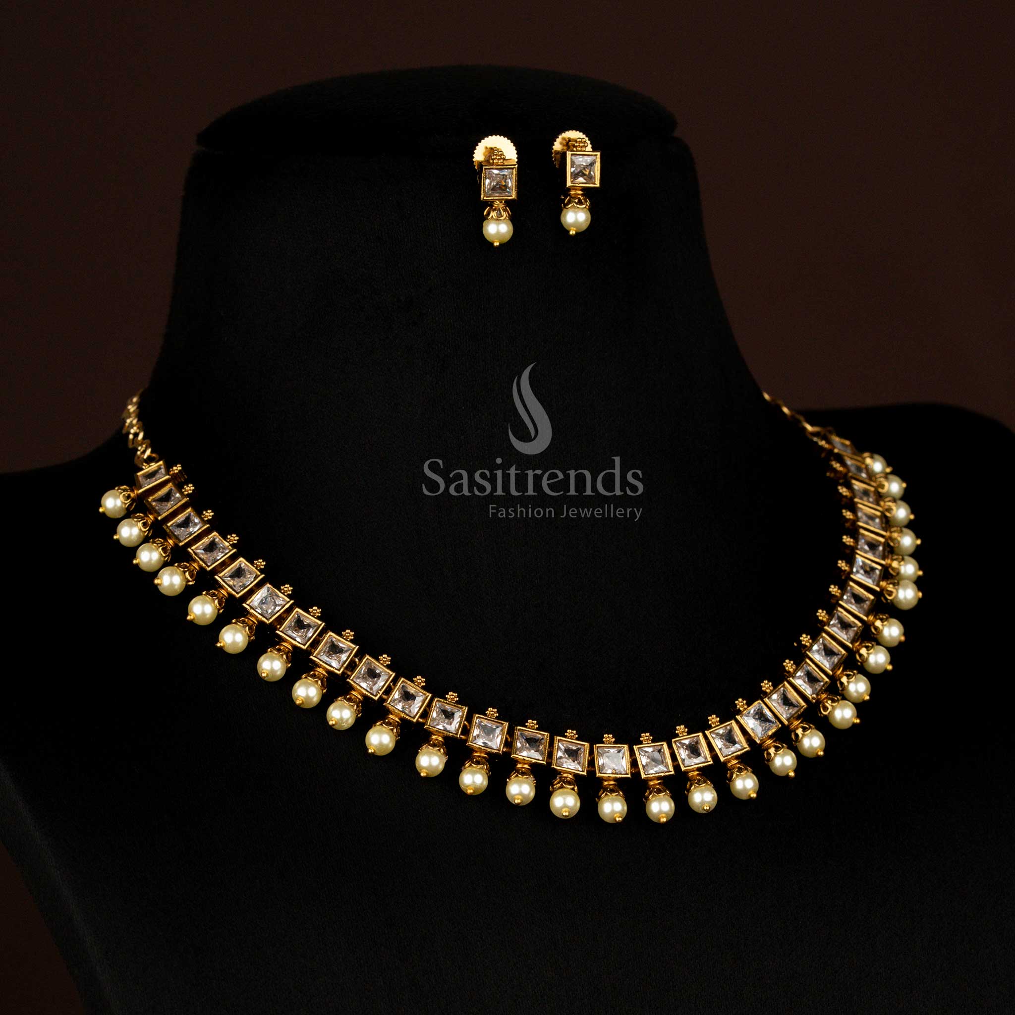 Traditional Party wear American Diamond White Square-Cut Necklace with Pearl Drops and Earrings - Sasitrends