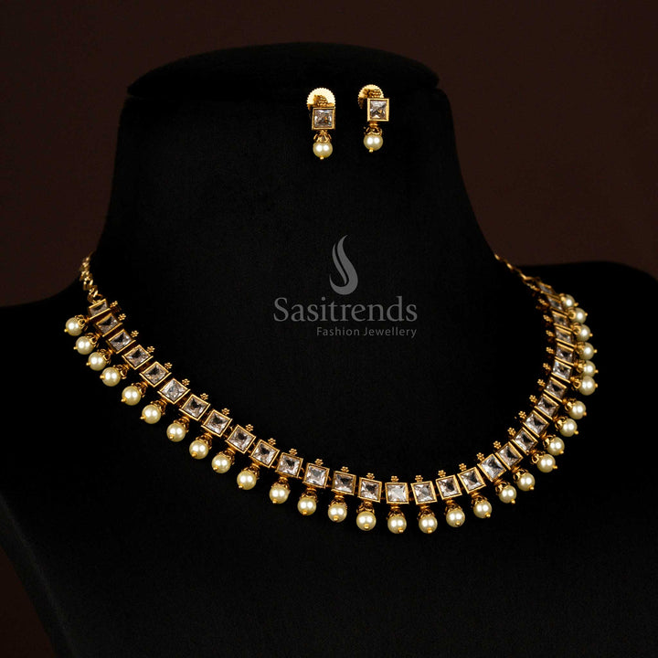 Traditional Party wear American Diamond White Square-Cut Necklace with Pearl Drops and Earrings - Sasitrends