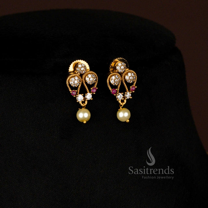 Party wear Amazing American Diamond Floral Victorian White Ruby Necklace Set with Earrings - Sasitrends