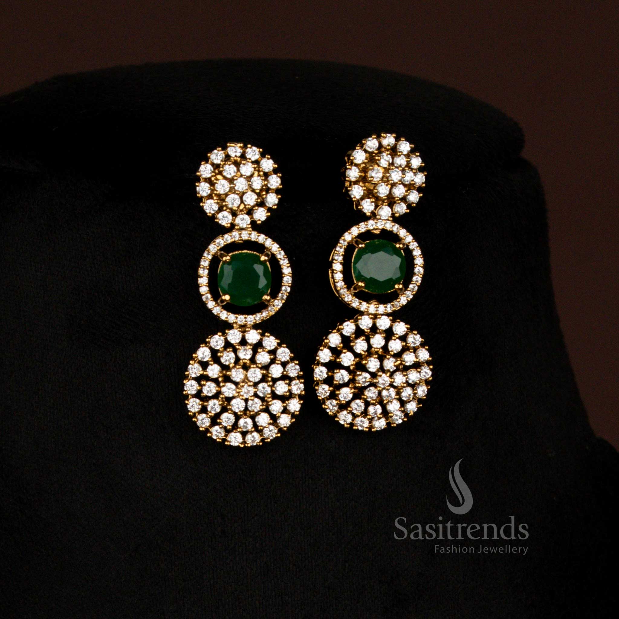 Party Wear American Diamond Circular Victorian Green Necklace Set with Earrings - Sasitrends