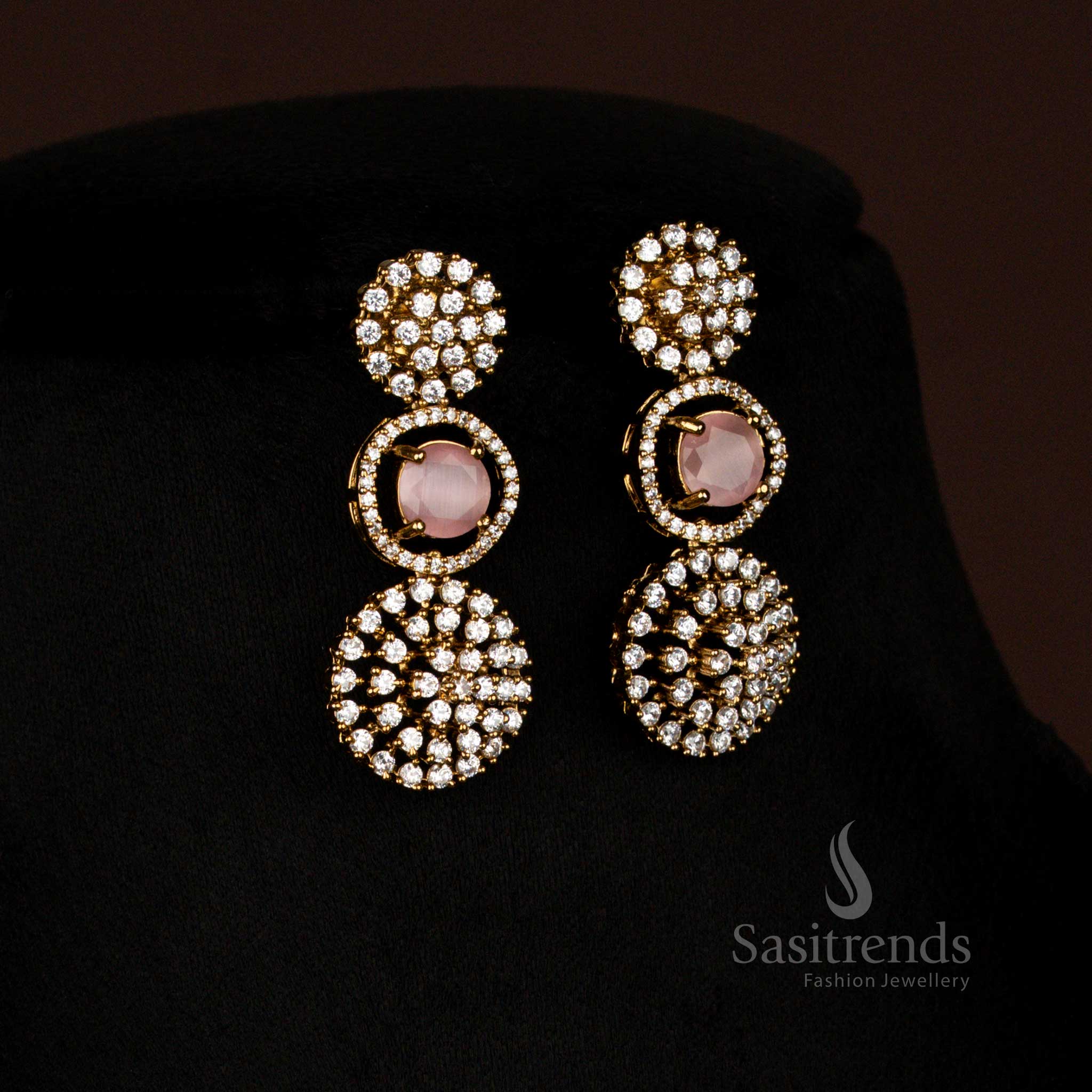 Attractive Party Wear American Diamond Circular Victorian Pink Necklace Set with Earrings - Sasitrends