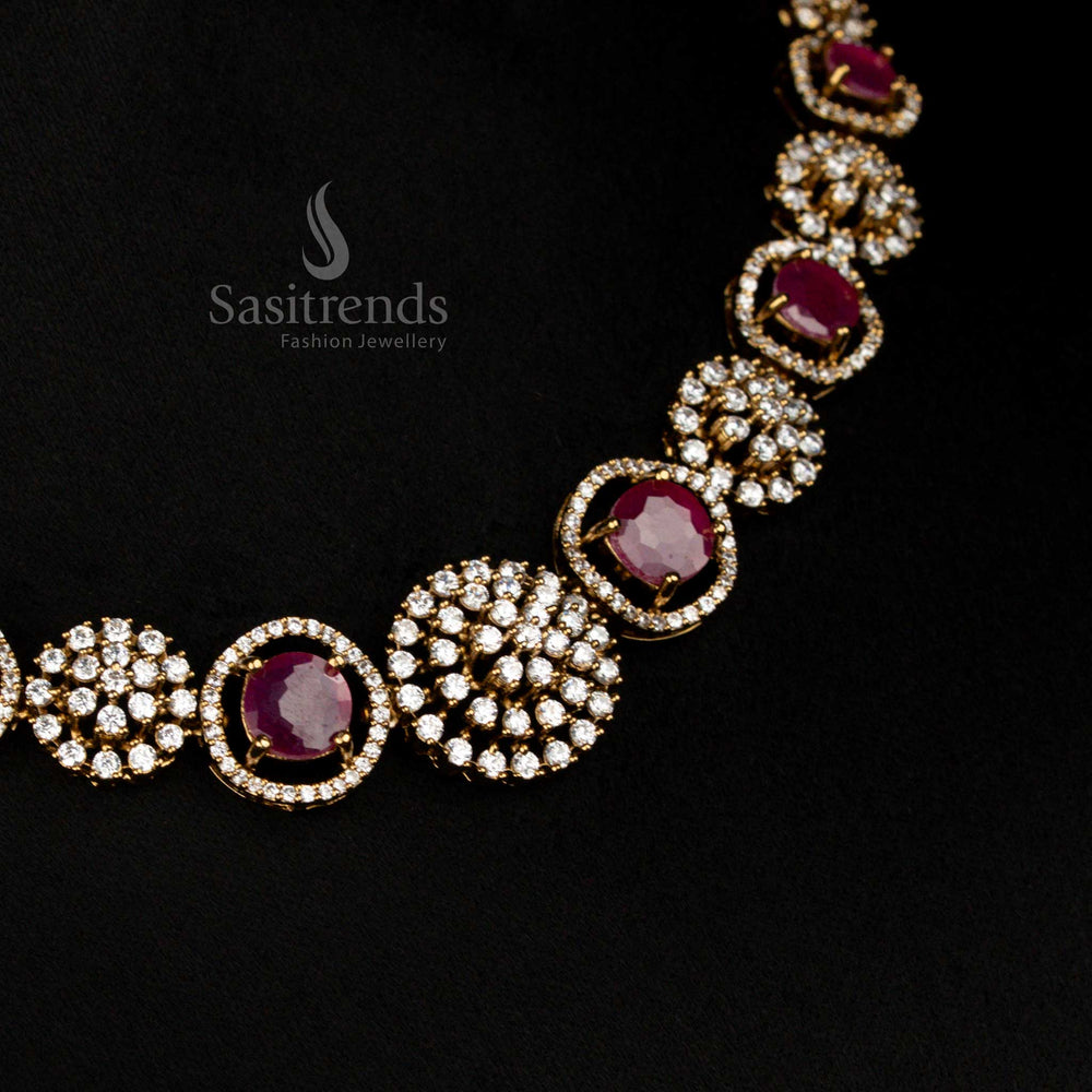 Stunning Party Wear American Diamond Circular Victorian Ruby Necklace Set with Earrings - Sasitrends