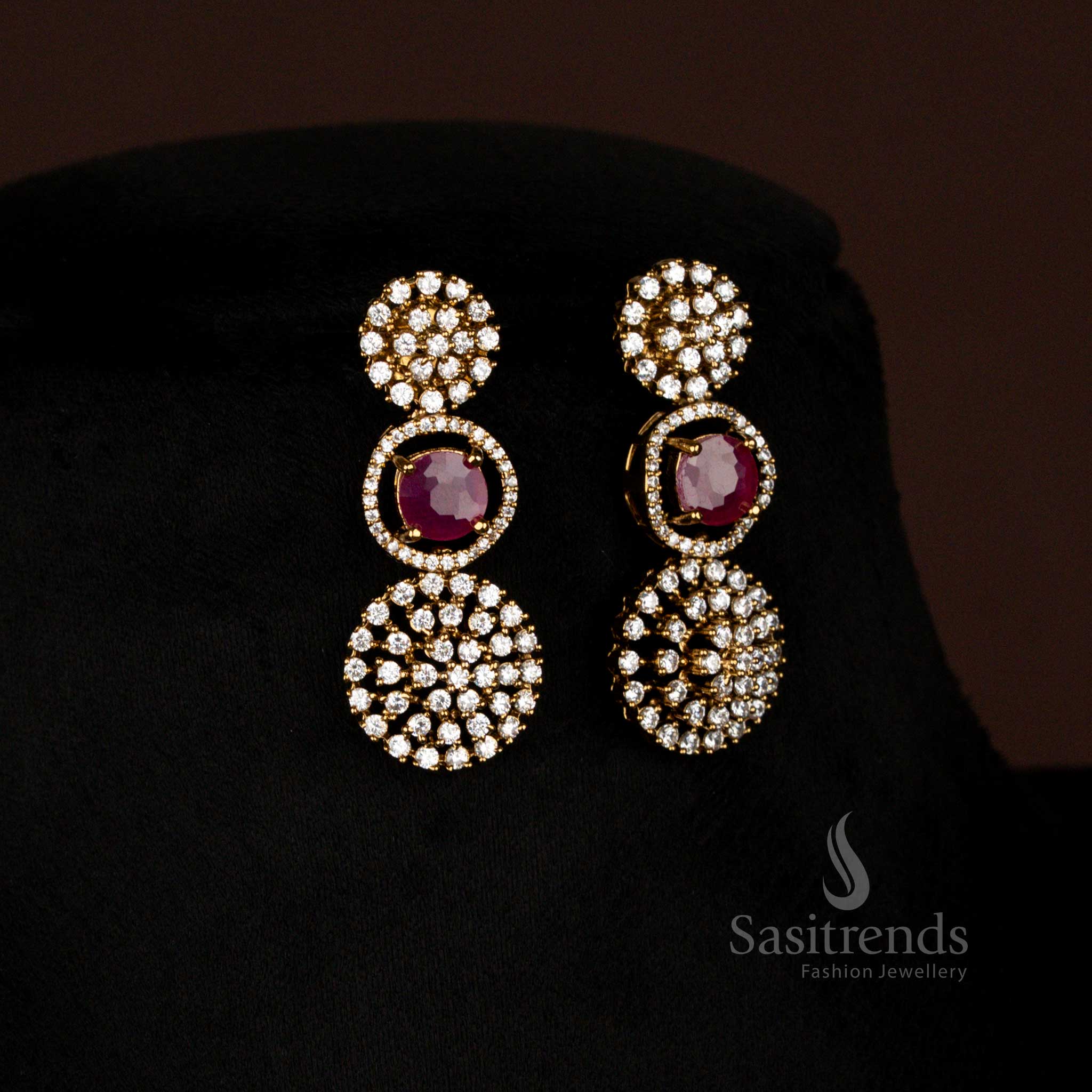 Party Wear American Diamond Circular Victorian Ruby Necklace Set with Earrings - Sasitrends