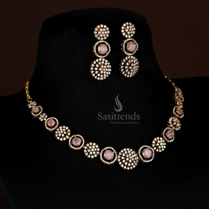 Stunning Party Wear American Diamond Circular Victorian Pink Necklace Set with Earrings - Sasitrends