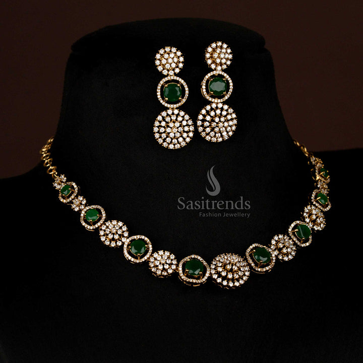 Gorgeous Party Wear American Diamond Circular Victorian Green Necklace Set with Earrings - Sasitrends