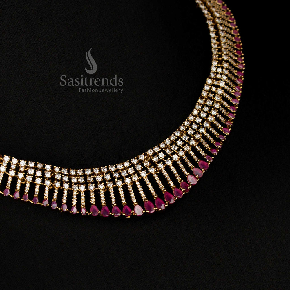 Elegant American Diamond Layered Victorian White Ruby Necklace with Drop Design and Earrings - Sasitrends