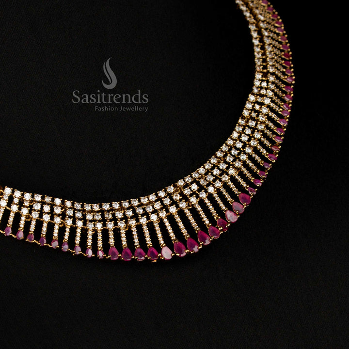 Elegant American Diamond Layered Victorian White Ruby Necklace with Drop Design and Earrings - Sasitrends