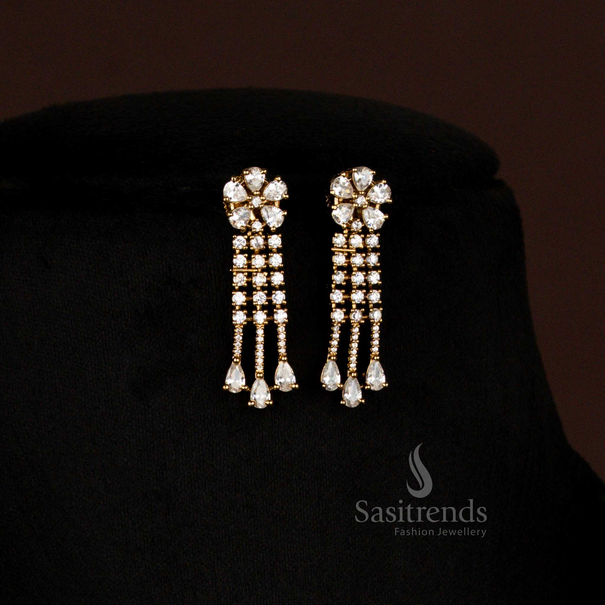 Attractive American Diamond Layered Victorian White Necklace with Drop Design and Earrings - Sasitrends