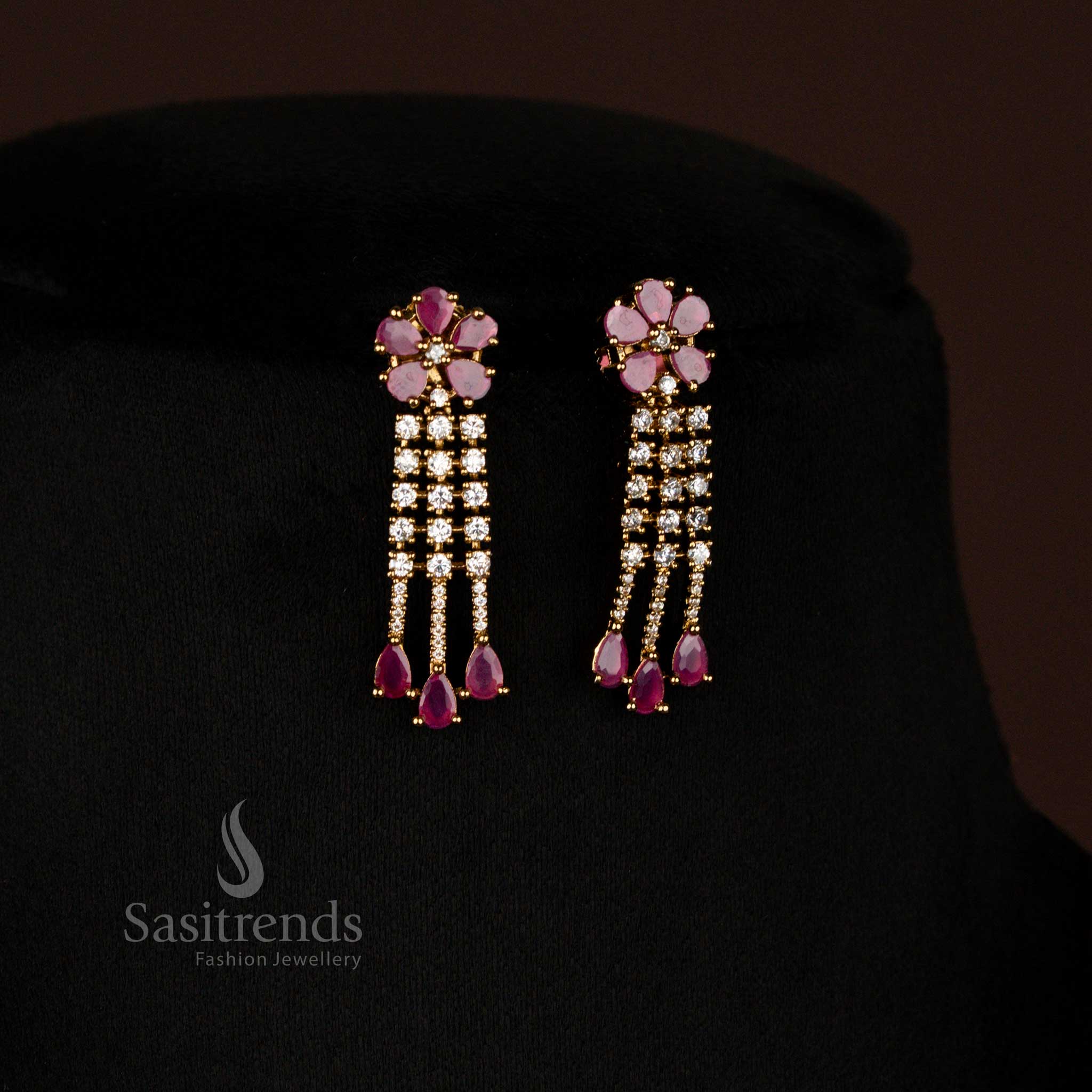 Party Wear Attractive American Diamond Layered Victorian White Ruby Necklace with Drop Design and Earrings - Sasitrends
