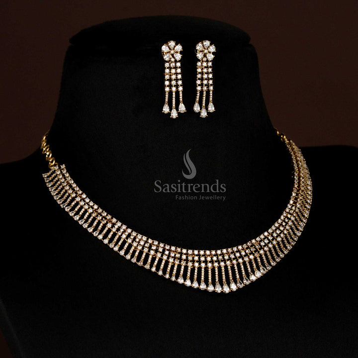 Attractive American Diamond Layered Victorian White Necklace with Drop Design and Earrings - Sasitrends