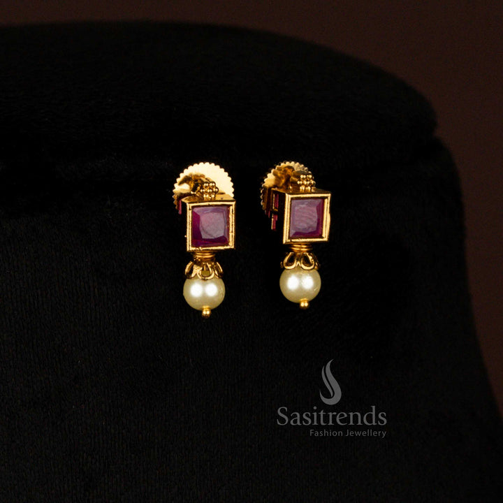 Traditional Party wear American Diamond Ruby Square-Cut Necklace with Pearl Drops and Earrings - Sasitrends