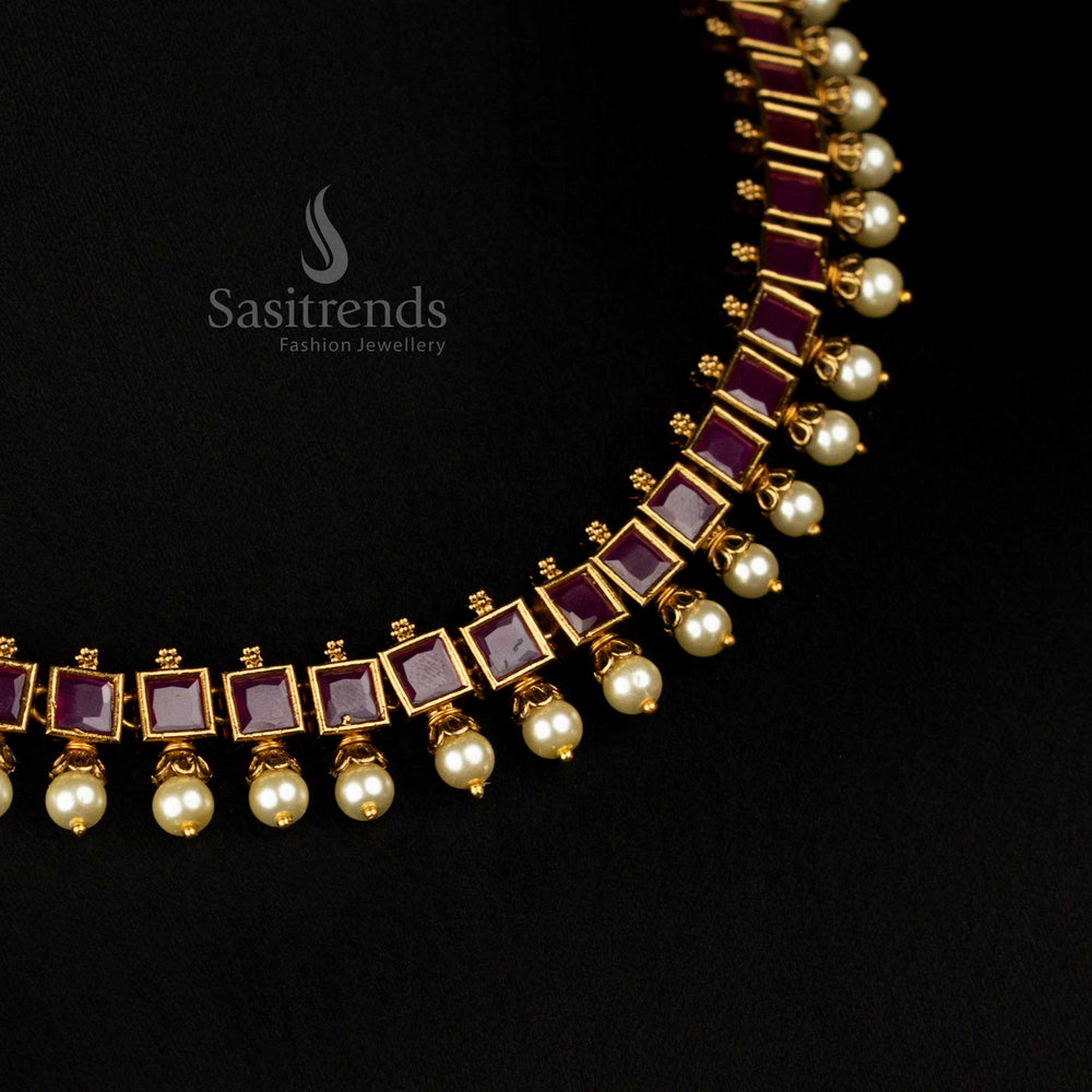Elegant Traditional Party wear American Diamond White Square-Cut Necklace with Pearl Drops and Earrings - Sasitrends