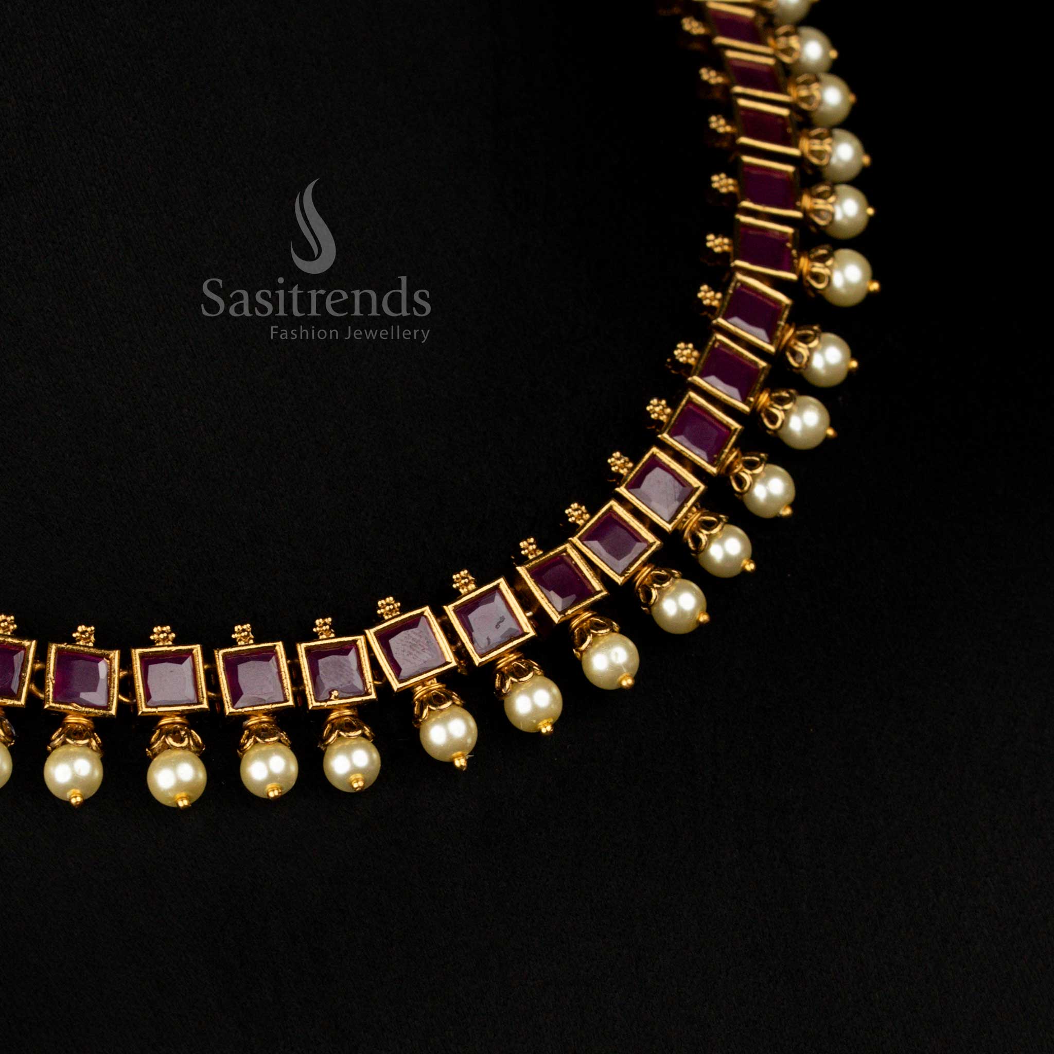 Elegant Traditional Party wear American Diamond White Square-Cut Necklace with Pearl Drops and Earrings - Sasitrends