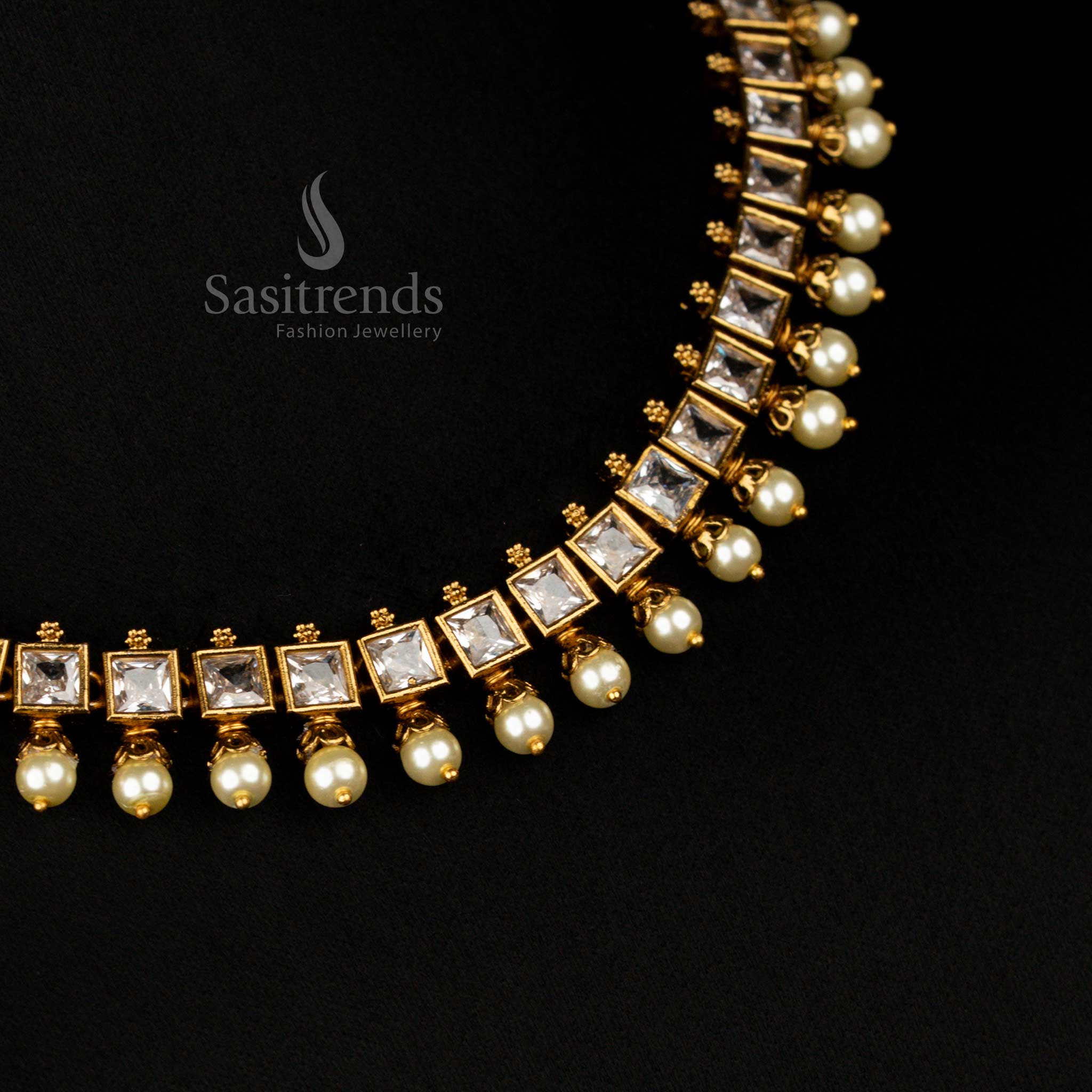 Traditional Party wear American Diamond White Square-Cut Necklace with Pearl Drops and Earrings - Sasitrends