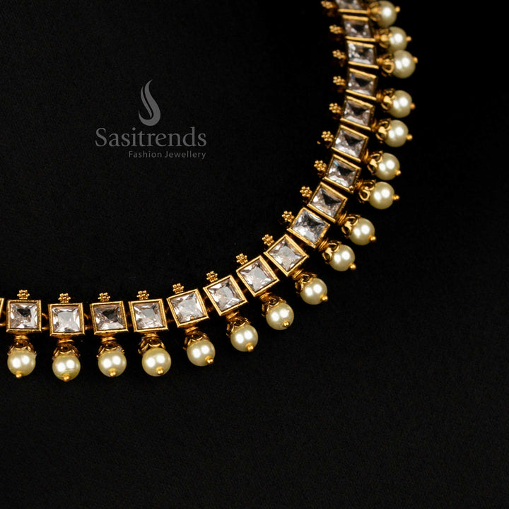 Traditional Party wear American Diamond White Square-Cut Necklace with Pearl Drops and Earrings - Sasitrends