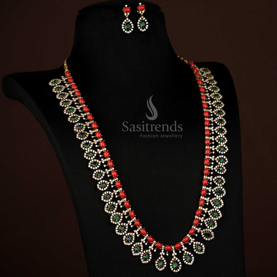 Gorgeous American Diamond Victorian Leaf and Oval Long Necklace with Earrings - Sasitrends