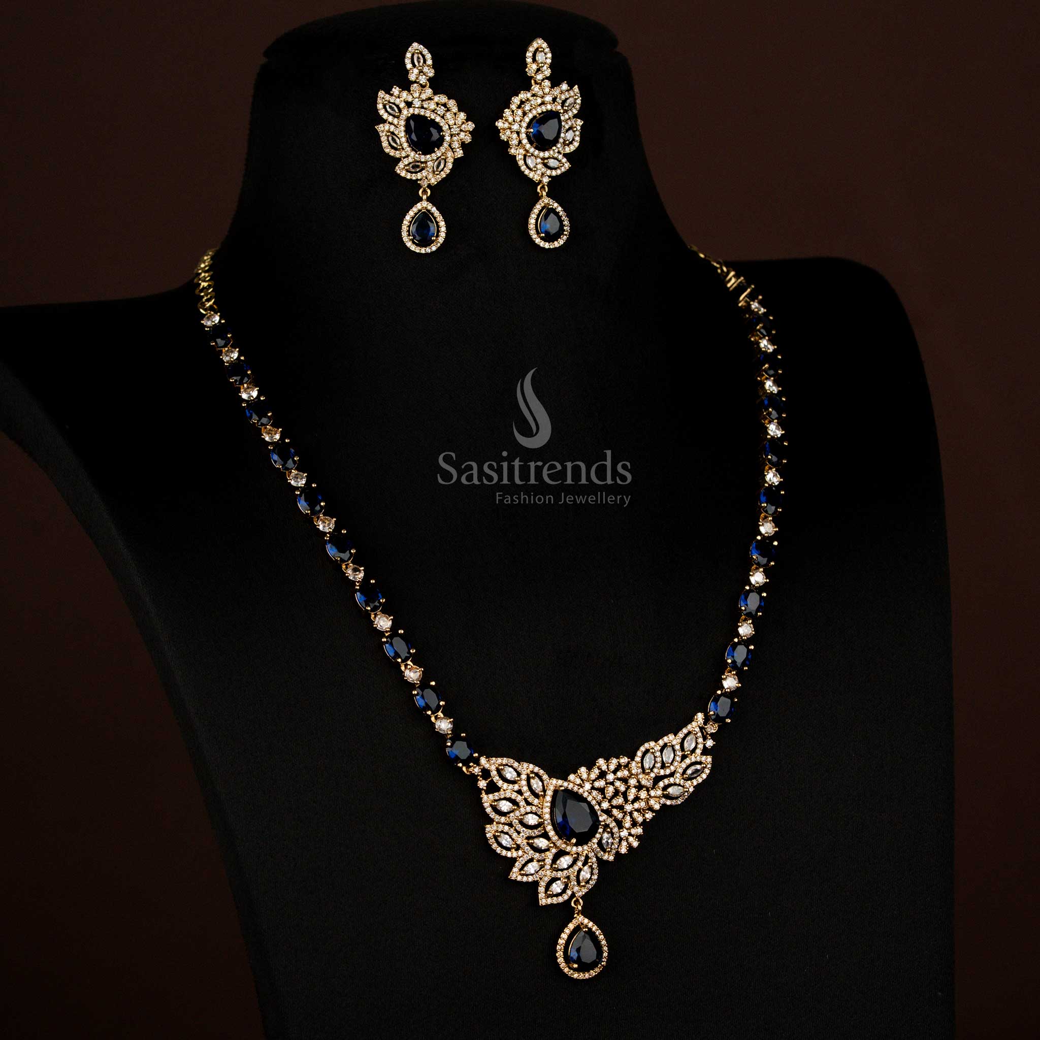 Gorgeous American Diamond Victorian Leaf Cluster White Blue Long Necklace with Teardrop Pendant - Sasitrends