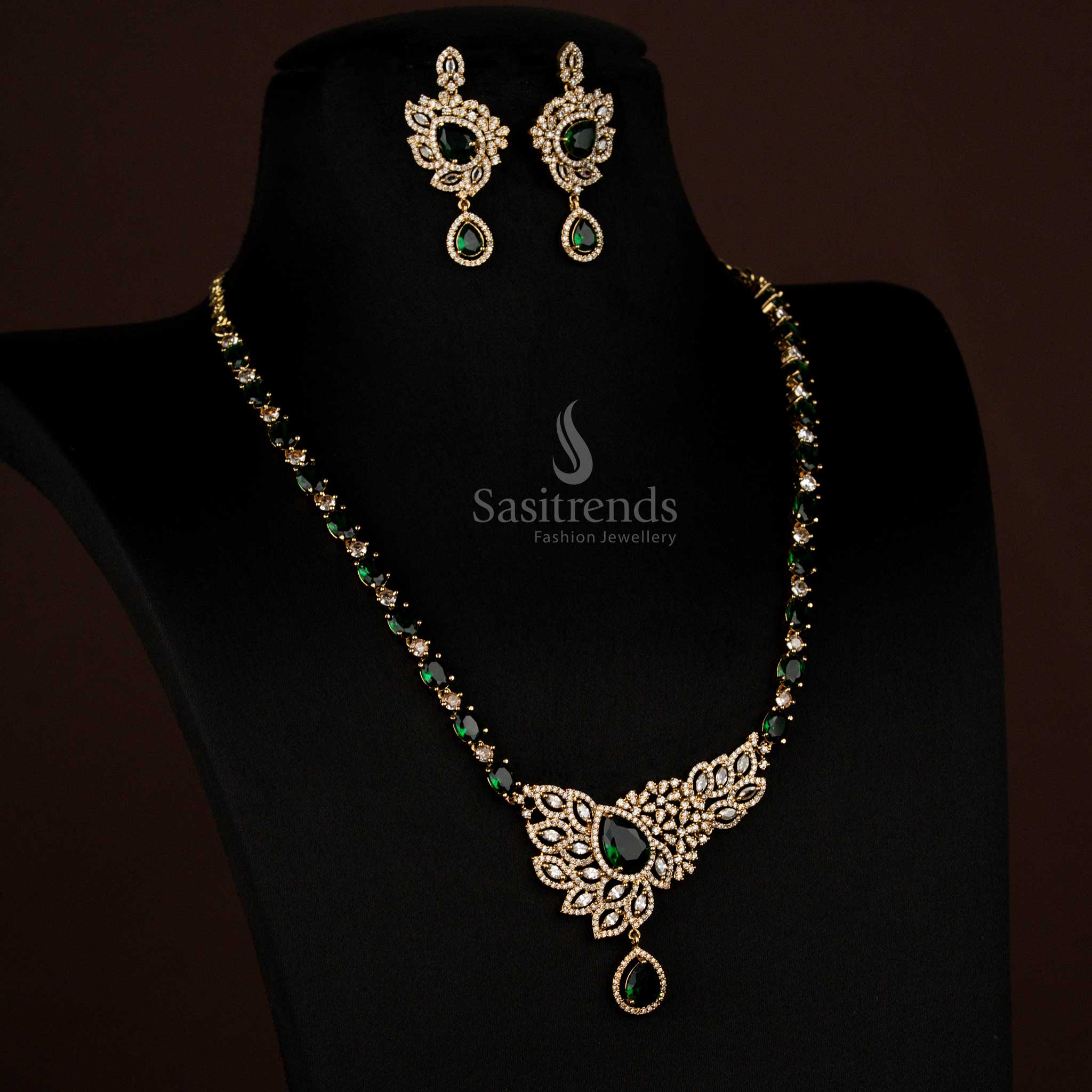 Gorgeous American Diamond Victorian Leaf Cluster White Green Long Necklace with Teardrop Pendant - Sasitrends