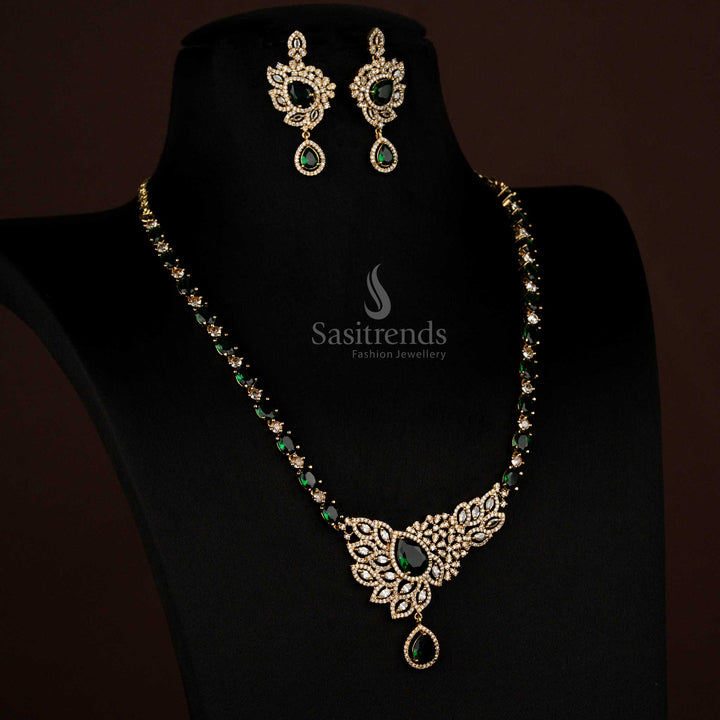 Gorgeous American Diamond Victorian Leaf Cluster White Green Long Necklace with Teardrop Pendant - Sasitrends